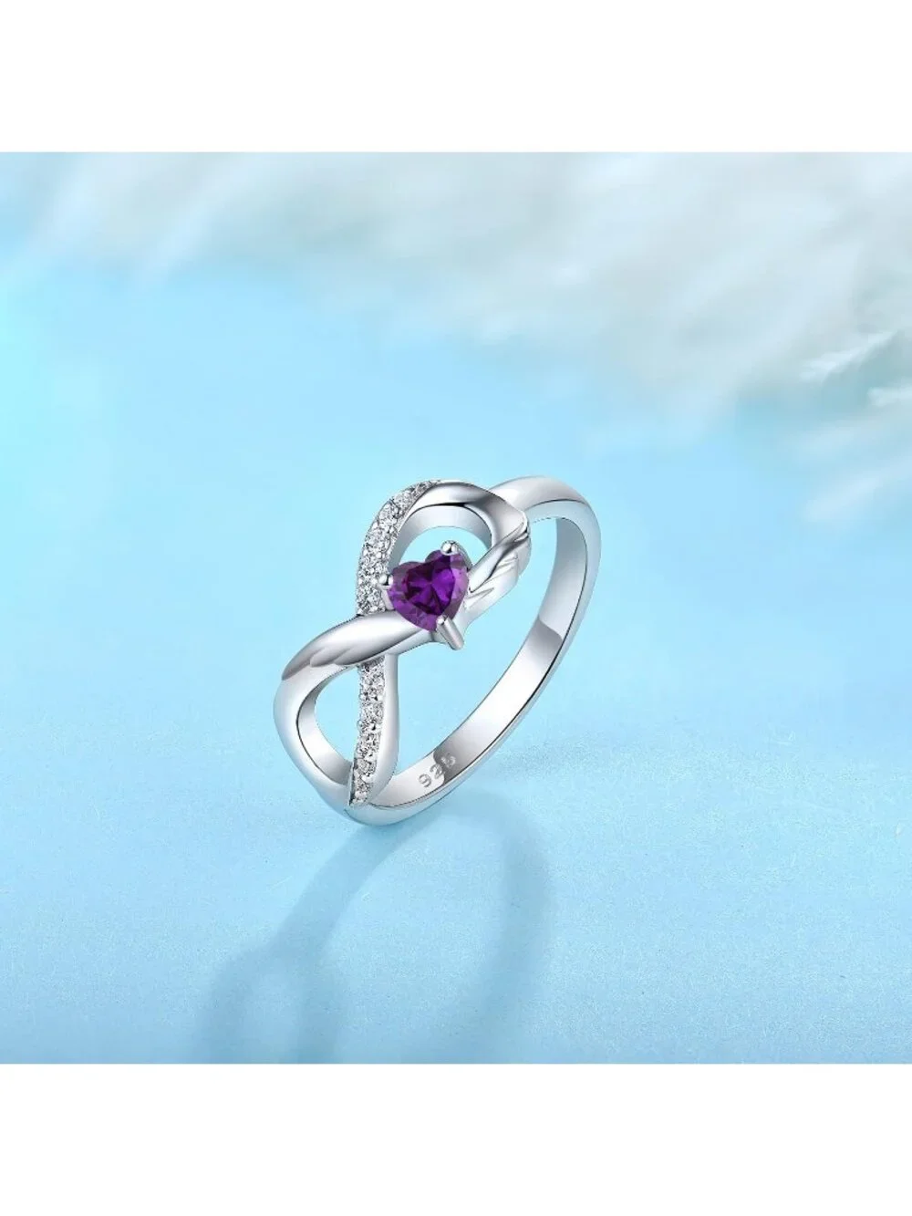 Women's Amythyst Feb 925 Sterling Silver Infinity Promise Angel Wings Heart Ring